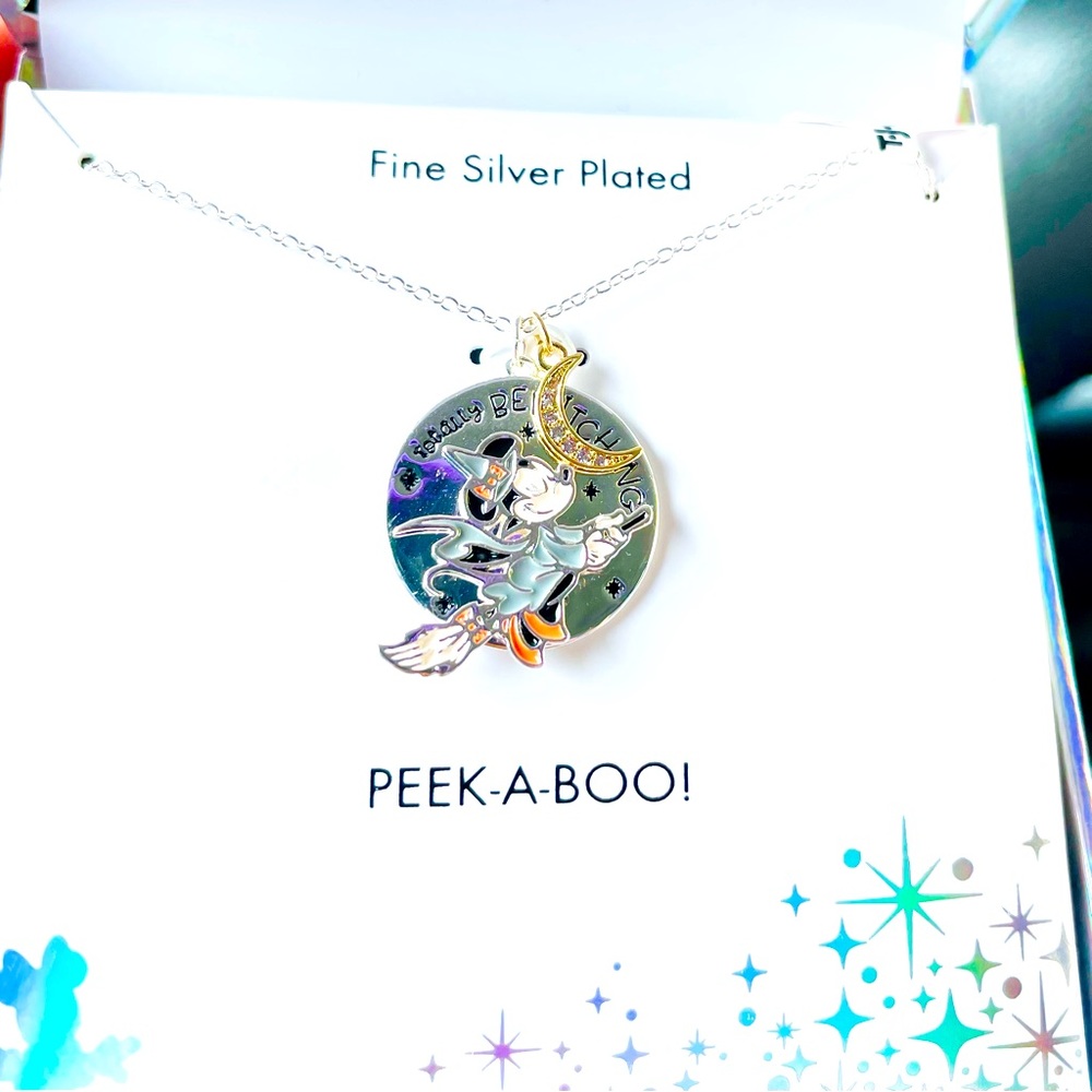 🎃NEW🎃 Minnie Mouse Witch on Broom Necklace Fine Silver Plated Halloween Disney